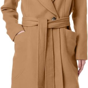 Women's Notch Lapel Collar Pea Coat Long Sleeve Casual Fall Winter Long Overcoat with Belt