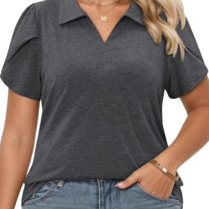 Plus-Size-Summer-Tops for Women Casual Collared V Neck Polo Shirts Business Tunics Trendy Petal Short Sleeve Blouses