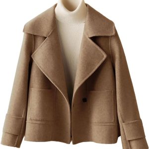 Womens Short Wool Pea Coat Notched Lapel Cropped Woolen Trench Coat with Pockets