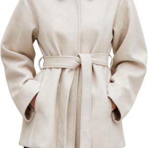 Coat for Women Wool Blend Short Peacoat Overcoat Button Tie Belt Winter Pea Coat with Pockets