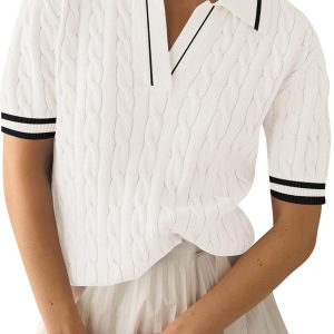 Womens Short Sleeve Lightweight Sweater Tops Lapel V Neck Cable Knit Polo Shirts Summer Loose Casual Outfits 2026