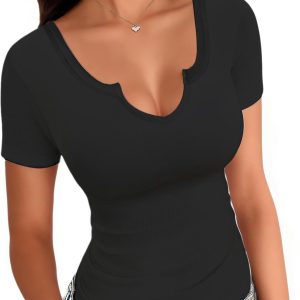 Women Tops V Neck Shirts Short Sleeve Tshirt Fitted Basic Tees Summer Tunic Ribbed Sexy Clothes Casual Cute