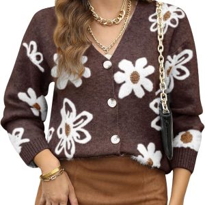 Cardigan Sweaters for Women Open Front Long Sleeve Button Down V-Neck Knit Floral Sweater