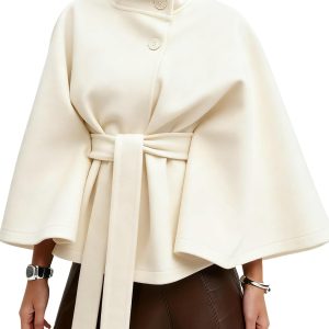 Kinghua Womens Batwing Sleeve Poncho Pea Coats Fall Trendy Stand Collar Belted Cloak Cape Wool Coats Winter Jackets
