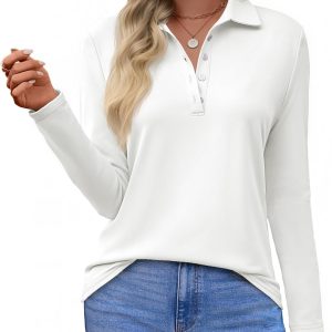 Womens Long Sleeve Polo Shirts Business Work Casual V Neck Collared Tops Button Down Loose Fit Tees Shirts