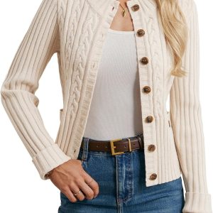 Women Button Up Cable Knit Sweater, Cropped Cardigan Sweaters, Chunky Winter Clothing 2026