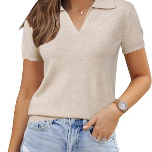 Women's Wool Blend Knit Spring Business Casual Relaxed fit Short Sleeve Sweater Pullover 2026