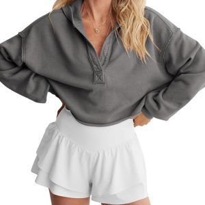 Womens Cropped Sweatshirt Loose V Neck Hoodies Casual Long Sleeve Workout Hooded Sweatshirt Tops