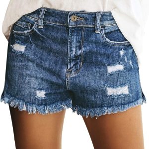 Women's Casual Mid Rise Denim Shorts Stretch Ripped Raw Hem Jean Shorts