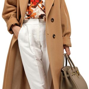 Women Wool Blend Pea Coat Camel Notched Collar Double Breasted Outerwear Jacket