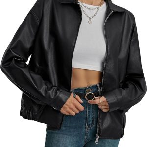 Women Faux Leather  Long Sleeve Zip Up Motorcycle Jacket Biker Coat