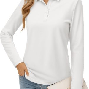 Women's Polo Shirts Long Sleeve Cotton Collared T Shirt Golf Shirt Business Casual Tee Uniform Tops 3-Button