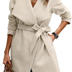 Women's Classic Lapel Collar Jacket 2026 Winter Coats Wool Blend Pea Coats Casual Long Trench Coat Light Gray Small