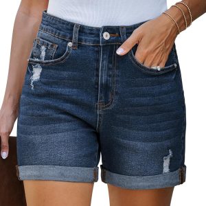 Jean Shorts Womens Stretchy High Waisted Ripped Denim Shorts with Pockets Trendy Distressed Cut Off Shorts